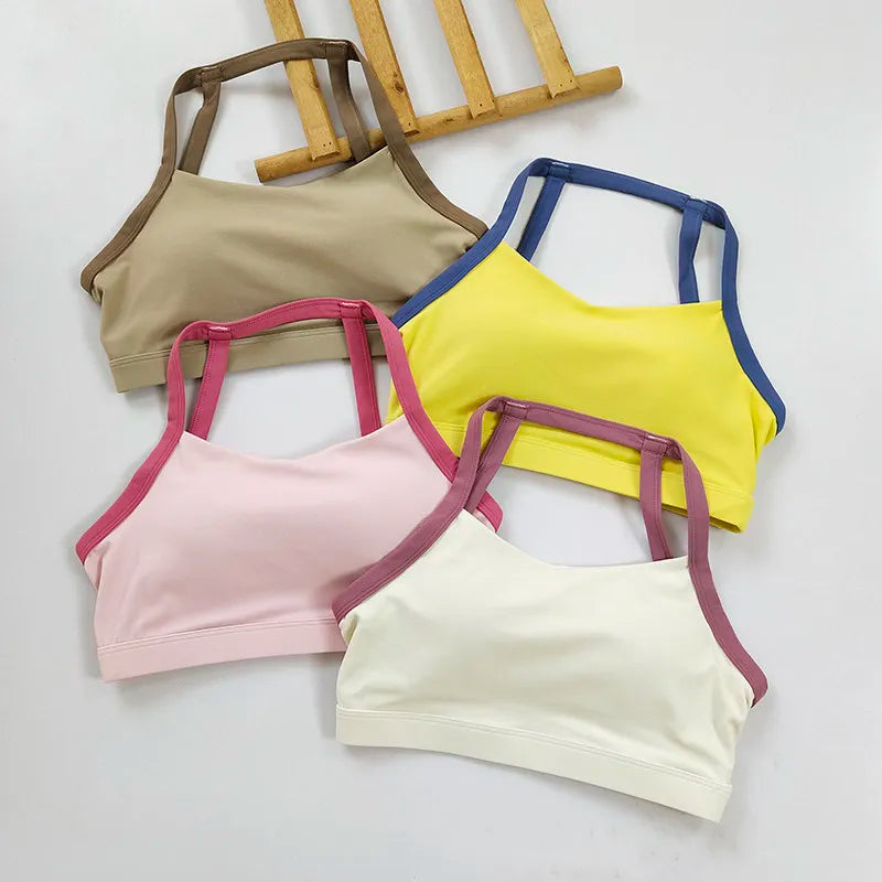 Women's Color Block Halter Sports Bra - Fixed Cup Shockproof, Buttery Soft Open Back Yoga Gym Fitness Top