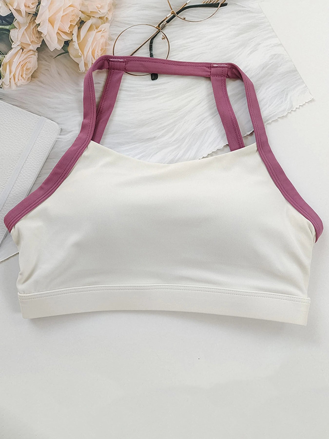 Women's Color Block Halter Sports Bra - Fixed Cup Shockproof, Buttery Soft Open Back Yoga Gym Fitness Top