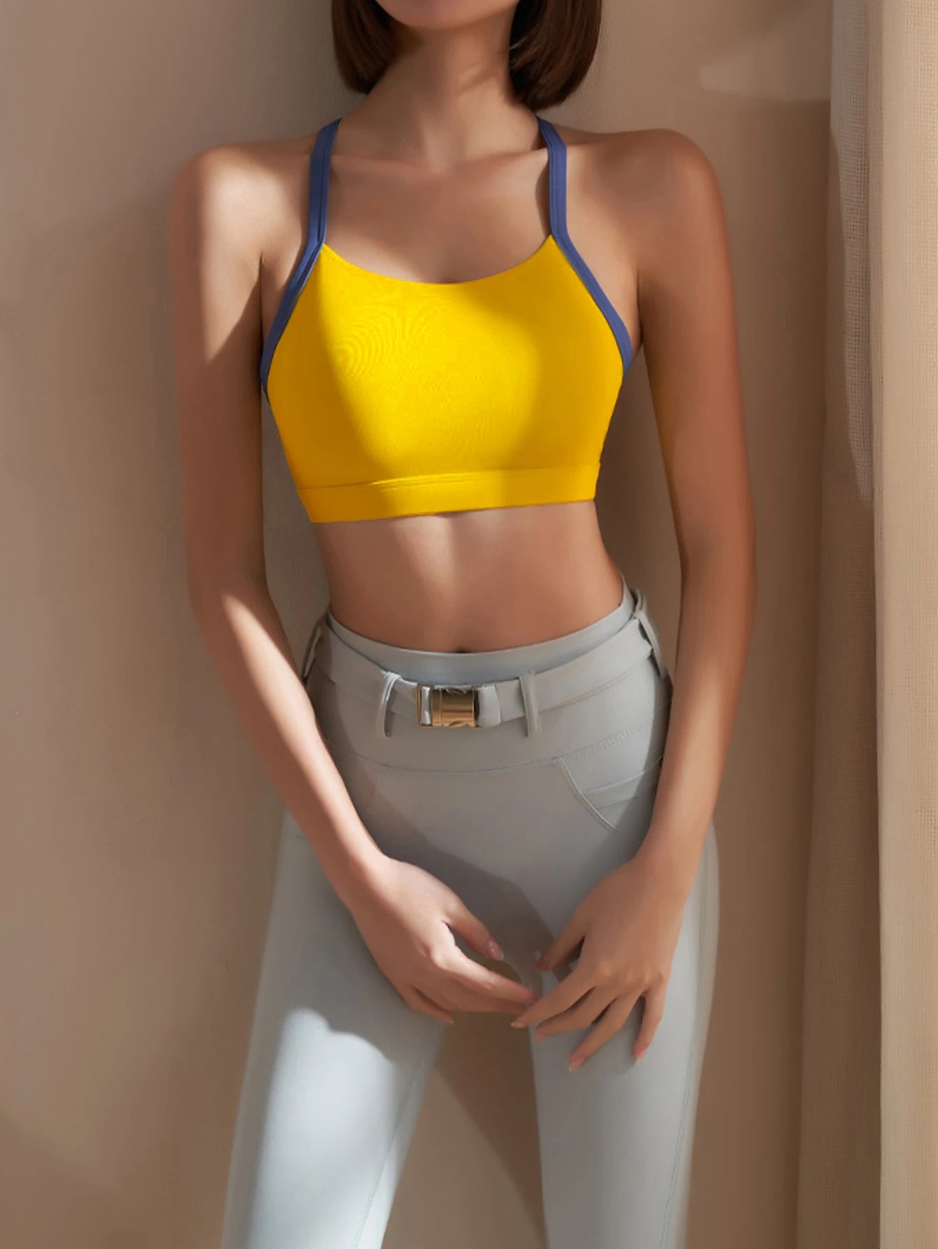 Women's Color Block Halter Sports Bra - Fixed Cup Shockproof, Buttery Soft Open Back Yoga Gym Fitness Top