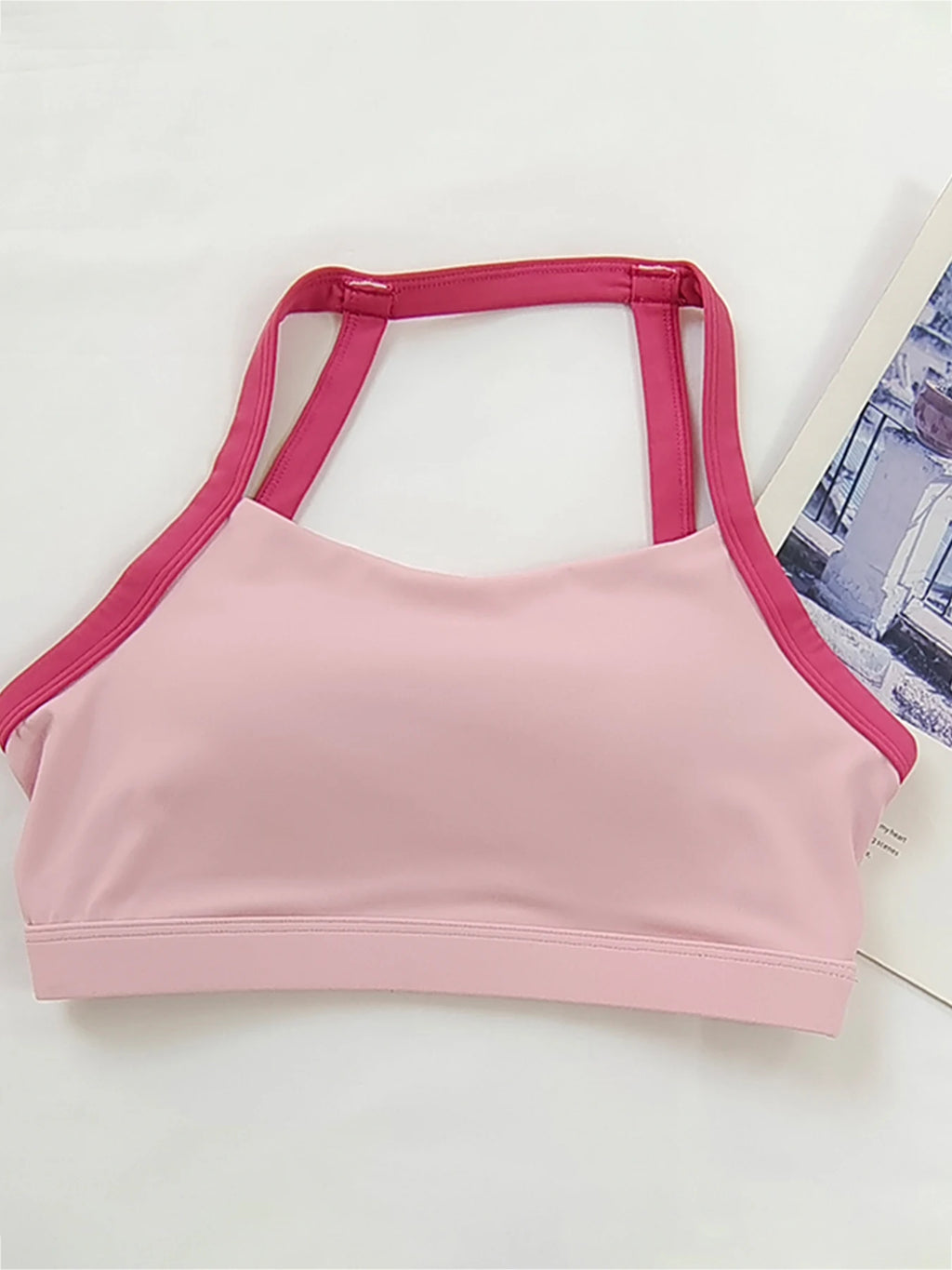 Women's Color Block Halter Sports Bra - Fixed Cup Shockproof, Buttery Soft Open Back Yoga Gym Fitness Top