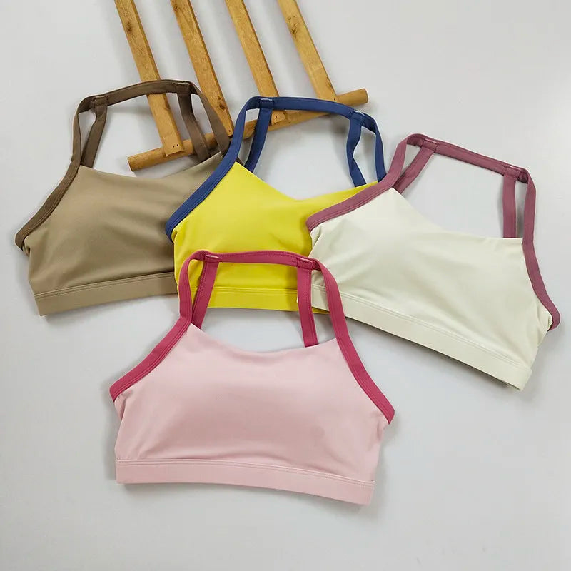 Women's Color Block Halter Sports Bra - Fixed Cup Shockproof, Buttery Soft Open Back Yoga Gym Fitness Top