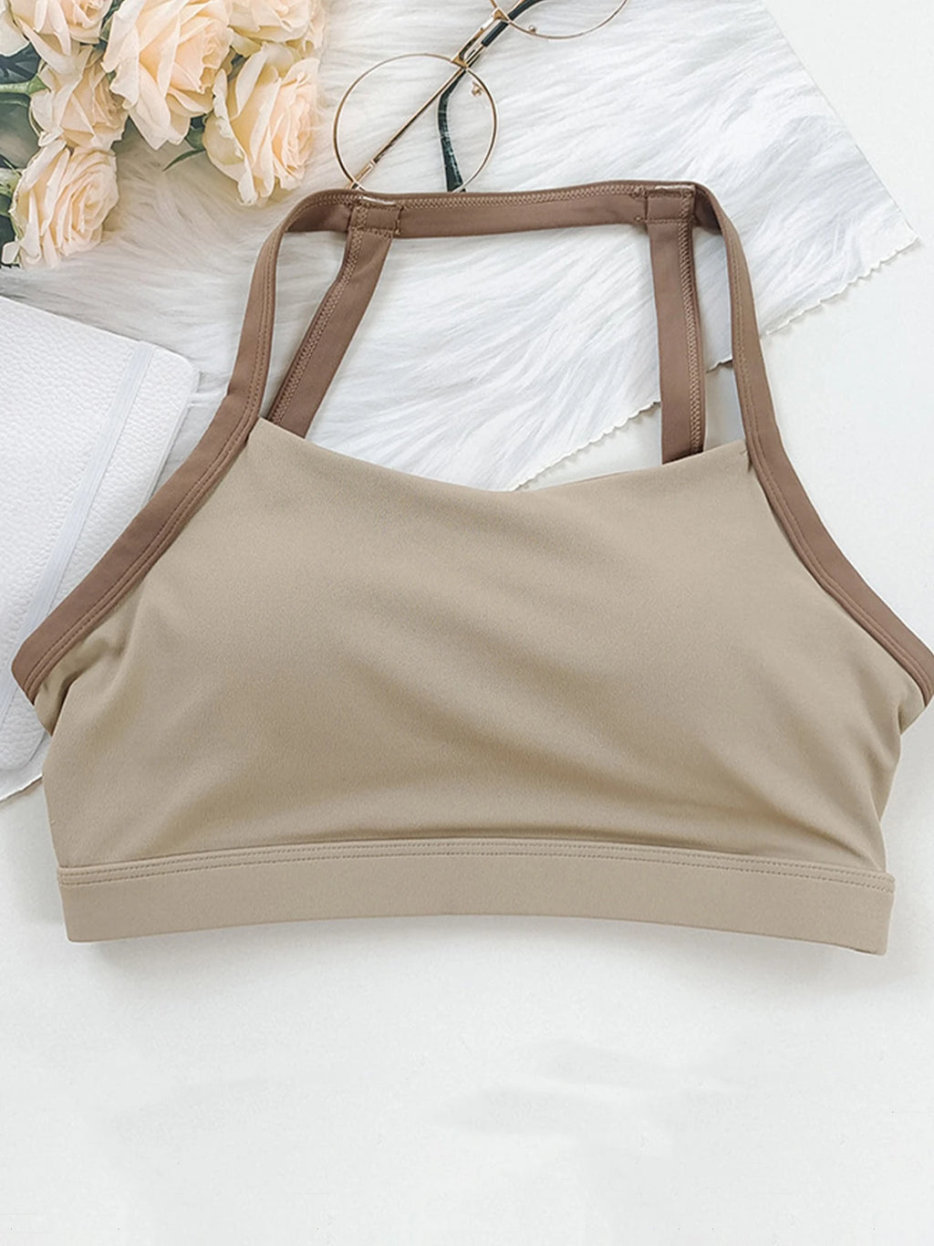 Women's Color Block Halter Sports Bra - Fixed Cup Shockproof, Buttery Soft Open Back Yoga Gym Fitness Top