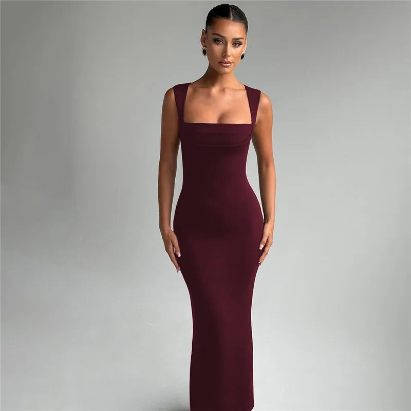 Mozision Square Collar Sleeveless Sexy Maxi Dress For Woman Fashion Spring Summer New High Waist Bodycon Club Party Long Dress