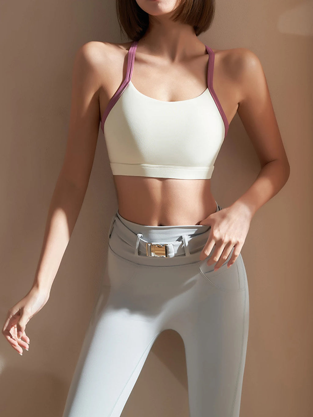 Women's Color Block Halter Sports Bra - Fixed Cup Shockproof, Buttery Soft Open Back Yoga Gym Fitness Top