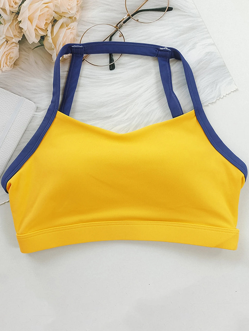 Women's Color Block Halter Sports Bra - Fixed Cup Shockproof, Buttery Soft Open Back Yoga Gym Fitness Top